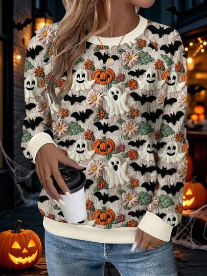 Breezaya Ghost Pumpkin Bat Print Halloween Raglan Long Sleeve Plus Size Sweatshirt Fall