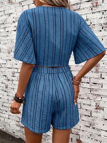 SHEIN Clasi Women's Summer Striped Print Vacation Short Sleeve Shorts Set - Blue - View 2