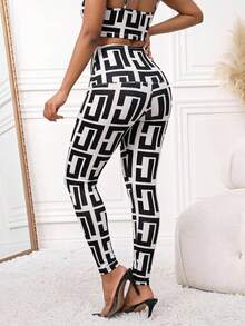 SHEIN Lady سروال ضيق نسائي بطبعة هندسية كاجوال متعدد الاستخدامات للارتداء اليومي - الأسود - مشاهدة 2