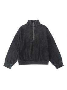 SHEIN 青少年女孩四分之一拉鍊寬鬆衛衣與運動褲套裝，休閒版型返校日常街頭風穿搭 - 黑色 - 查看 4