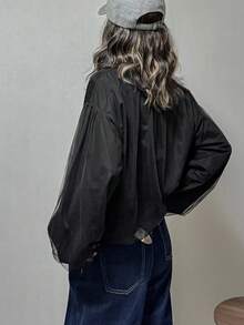 FRIFUL Sweatshirt Wanita Model Korea Terbaru untuk Awal Musim Gugur, Motif Patchwork, Jala Transparan, Berkerut, Longgar, Warna Polos - Hitam - View 2