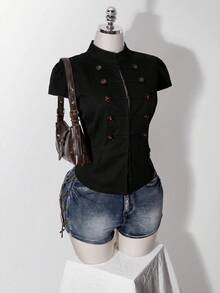 SHEIN ICON 女款大尺碼雙排扣短袖外套睡衣 外出穿著 黑色 夏季鄉村風 - 黑色 - 查看 9