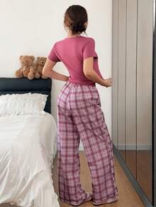Napfluff Casual Home & Streetwear Plaid Knit Short Sleeve Women's Pajama Long Pants Set - Mauve Purple - View 3