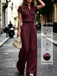 RosyDaze Women's Solid Color Notch V-Neck Shirt And Wide Leg Pants Casual 2 Pieces Set