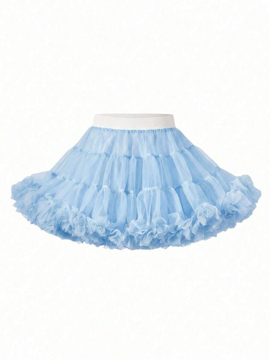 Girls' Elegant Fairy Flower Girl Blue Puff Tulle Skirt, Suitable For Spring, Summer, Autumn, Perfect For Outings, Parties Wedding 7th Birthday - Blue - View 1