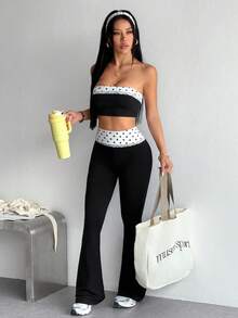 Dewbera Dewbera 2026 Spring/Summer New Women's Slim Fit Sports Outdoor Set, Color-Block Polka Dot Lace Trim Sweet Yoga Workout Outfit - Black and White - View 1
