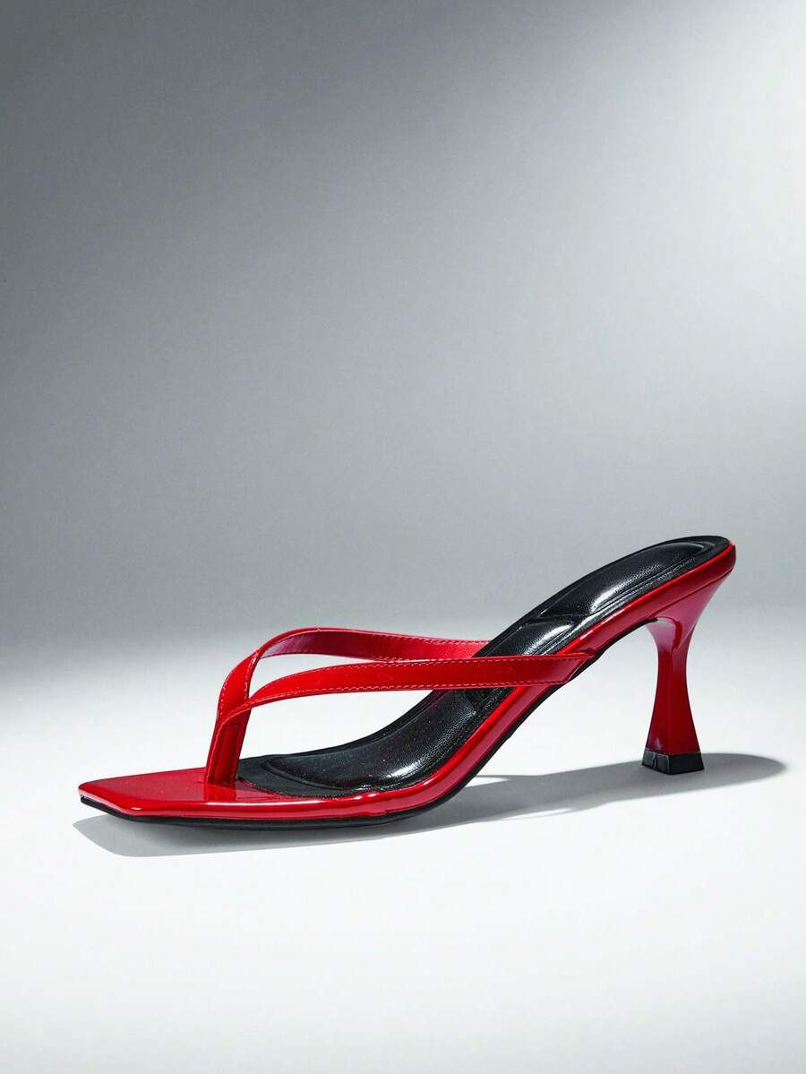 SHUZIA Women Comfortable Kitten Heel Square Toe Thong Sandals - Red - View 1