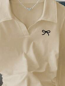 SHEIN 女款 POLO 領修身 T 恤，休閒極簡優雅風，適合日常休閒穿著，長袖上衣，春/秋季新款時尚上衣女式襯衫，蝴蝶結圖案 T 恤上衣 - 杏色 - 查看 4