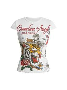 ROMWE Grunge Punk Y2K Vintage Tiger & Vine Tattoo Print T-Shirt - White - View 1