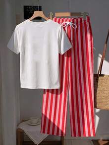 SHEIN EZwear 女款櫻桃印花T恤與條紋長褲兩件套 - 彩色 - 查看 2