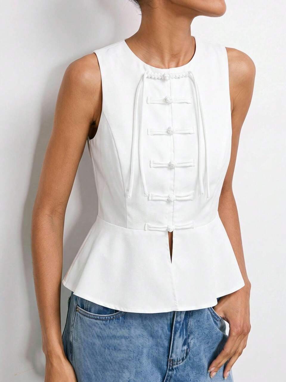 SHEIN Maija Women's Fashion Street Style Elegant Frog Button Ruffle Hem Round Neck Tank Top, Going Out Brunch Party Outfits, Work Outfits, Summer Clothes White