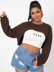 SHEIN EZwear Women's Plus Size Patchwork Long Sleeve Short Sweatshirt Fall - Chocolate Brown - View 1