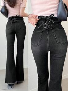FRIFUL Atasan Wanita Serbaguna: Celana Jeans Denim dengan Kancing Saku dan Ujung Bawah Melebar serta Tepi Kasar - Hitam - View 2
