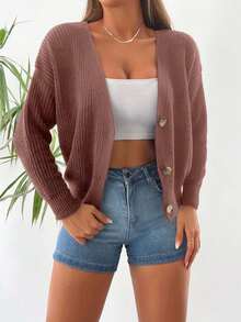 EURMUSE Women's Solid Color Drop Shoulder Long Sleeve Casual Knit Cardigan, Autumn/Winter - Dusty Pink - View 3