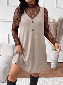 SHEIN Frenchy Women's Plus Size Lace Top & Sleeveless Dress 2 Pieces Set - Multicolor - View 6