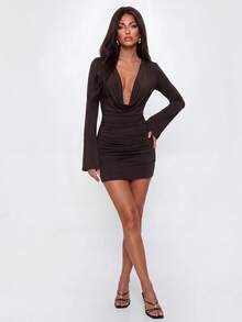 Avantive Women's Solid Color Deep V-Neck Casual Party Mini Dress - Coffee - View 8