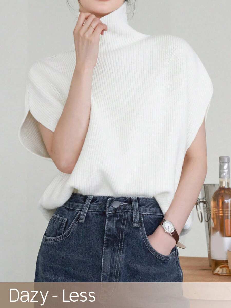 Dazy-Less Women's Round Neck Short Sleeve White Solid Color Hollow Knit Fitted Cropped Top - White - View 1