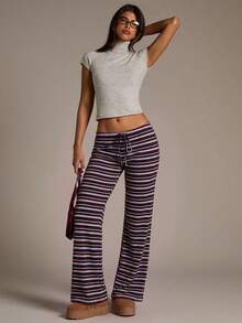 Aloruh Women's Autumn/Winter New Ultra Low Waist Brown Striped Long Pants - Multicolor - View 3