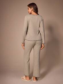Lazeform European & American Autumn/Winter New Ribbed Fleece Pajama Set For Women, Black Trim Ruffle Casual Loungewear Long Pants & Long Sleeve 2 Pieces Set - Khaki - View 3