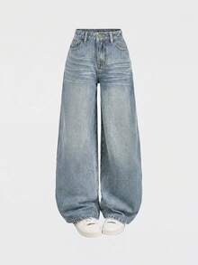 SHEIN Girlism 女童復古藍色牛仔寬鬆長褲 Y2K - 中等水洗藍 - 查看 3