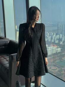 DAZY Gaun Pendek Wanita Elegan Formal untuk Liburan Musim Semi/Gugur dengan Patchwork Kain, Kerah Berlipit dan Berumbai, Lengan Panjang - Hitam - View 8