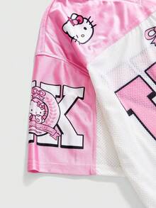 HELLO KITTY AND FRIENDS | ROMWE تي شيرت جيرسي بقصة فضفاضة وطبعة مشتركة العلامة التجارية بأسلوب رياضي Y2K للفتيات - وردي - مشاهدة 5