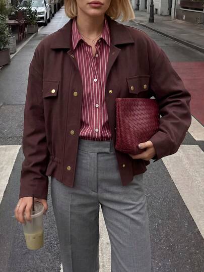 Struktiv Women's Spring/Autumn Elegant Commuter Versatile Red-Brown Shirt Collar Copper 4-Button Decor Cuffed Hem Drawstring Design Fitted Slim Long Sleeve Cropped Jacket