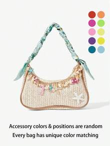 Viva Strut 1pc Summer Seaside Vacation Straw Bag, Shell Starfish Decorative Silk Scarf Strap Armpit Bag, Beach Commuter Shoulder Bag - Green 10 - View 2