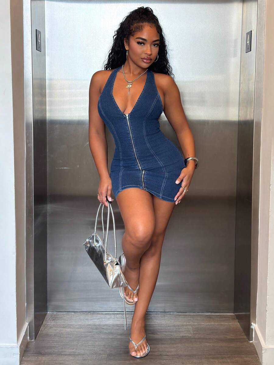 Alexandranx Zip Up Bodycon Denim Dress Casual - Blue - View 1
