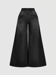 SHEIN MOD 大尺碼時尚鈕扣口袋寬鬆寬腿牛仔褲 - 黑色 - 查看 2