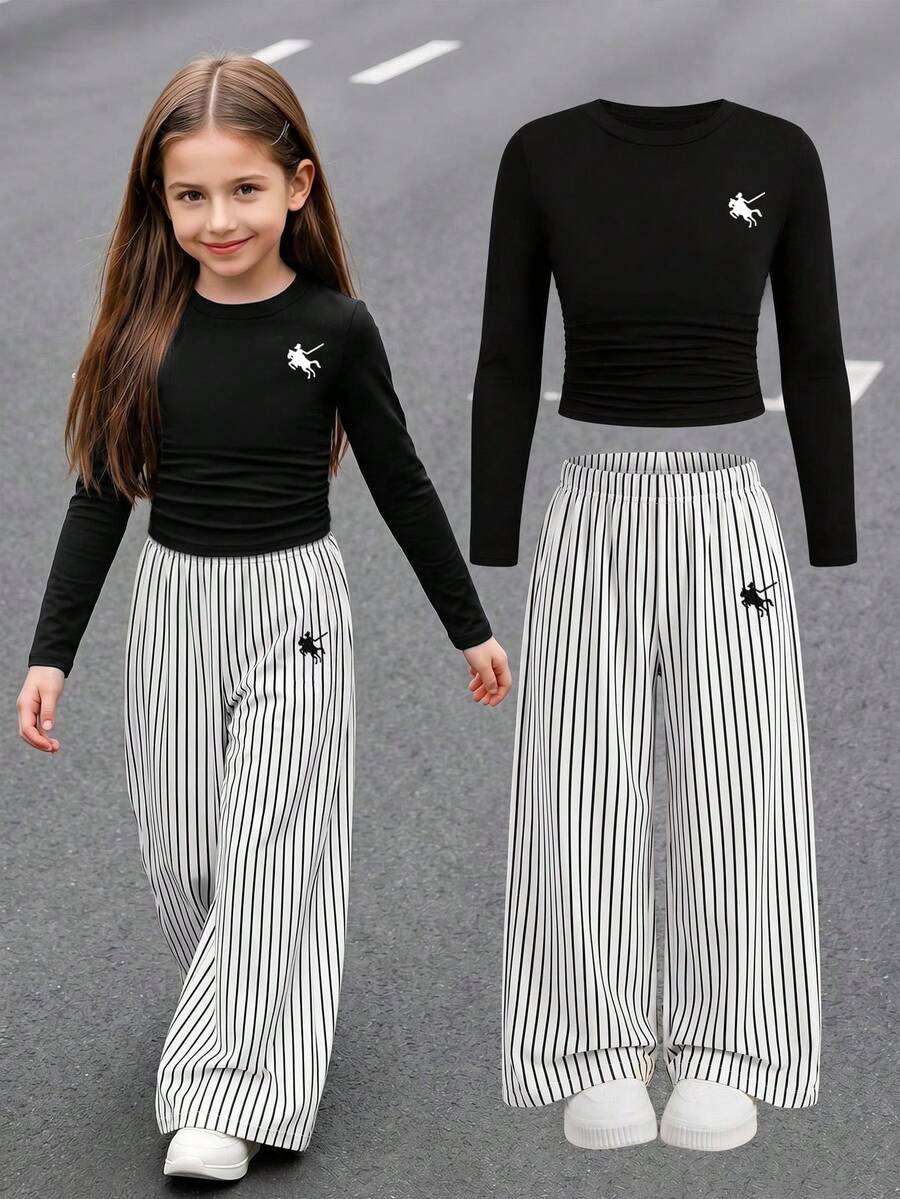 Casuvi Kids 女童秋冬修身長袖條紋寬腿褲兩件套,黑色百褶短款長袖上衣搭配白色馬騎士與直條紋寬腿褲,黑色馬騎士設計呼應,簡約休閒時尚女童套裝 - 彩色 - 查看 1