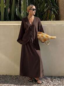 Livesso Petite Women's Casual Lace-Up Long Sleeve Shirt And Solid Color Skirt 2 Pieces Set Fall Vacation - Brown - View 4