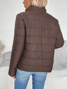 EMERY ROSE Women Solid Color Long Sleeve Zipper Stand Collar Casual Winter Jacket Fall Cloth For Women - Coffee Brown - View 2