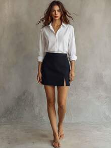 SHEIN Women's Solid Color Elegant Slit Hem Skirt, Business - Black - View 3