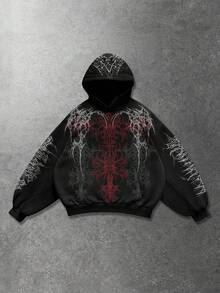 ROMWE MEN Goth 春季休闲印花街头风百搭长袖男士宽松连帽衫，Y2K - 黑色 - 查看 1