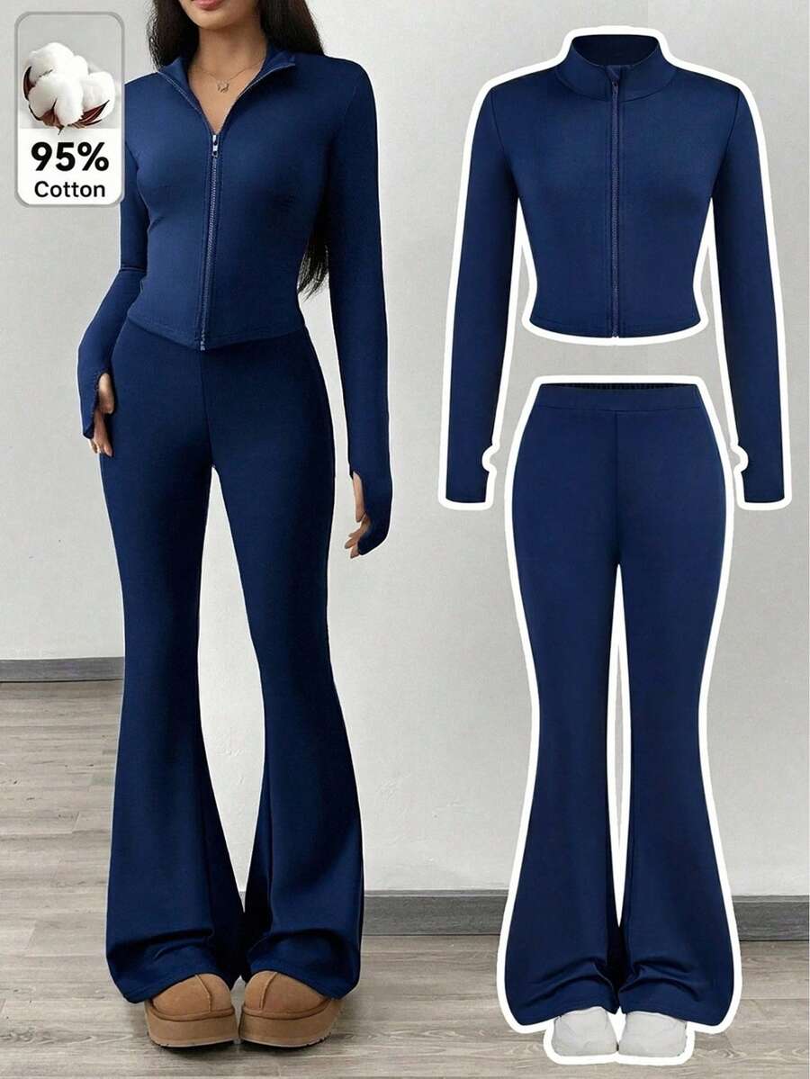 SHEIN Girlism Tween女孩純色拉鍊長袖上衣與喇叭褲休閒日常套裝 - 彩色 - 查看 1