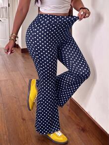 Muchica Plus Size Street Fashion Polka Dot Print Flared Pants For Vacation Vacation Navy Blue Summer 2000s 90s - Navy Blue - View 5
