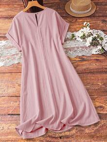 Linhara Plus Size Women Solid Color Lace Hollow Out Sleeveless Dress - Pink - View 2