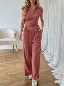 SHEIN LUNE 休閒女款 Polo 領短袖上衣與長褲 2 件套，度假風，鐵鏽色/灰塵色，夏季 - 紅木色 - 查看 5