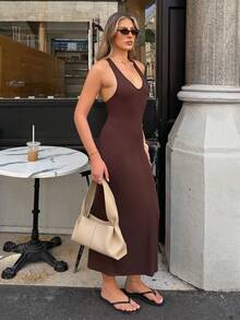 hollyjadebate 女款V領貼身長款裹身洋裝，優雅派對風 - 棕色 - 查看 6
