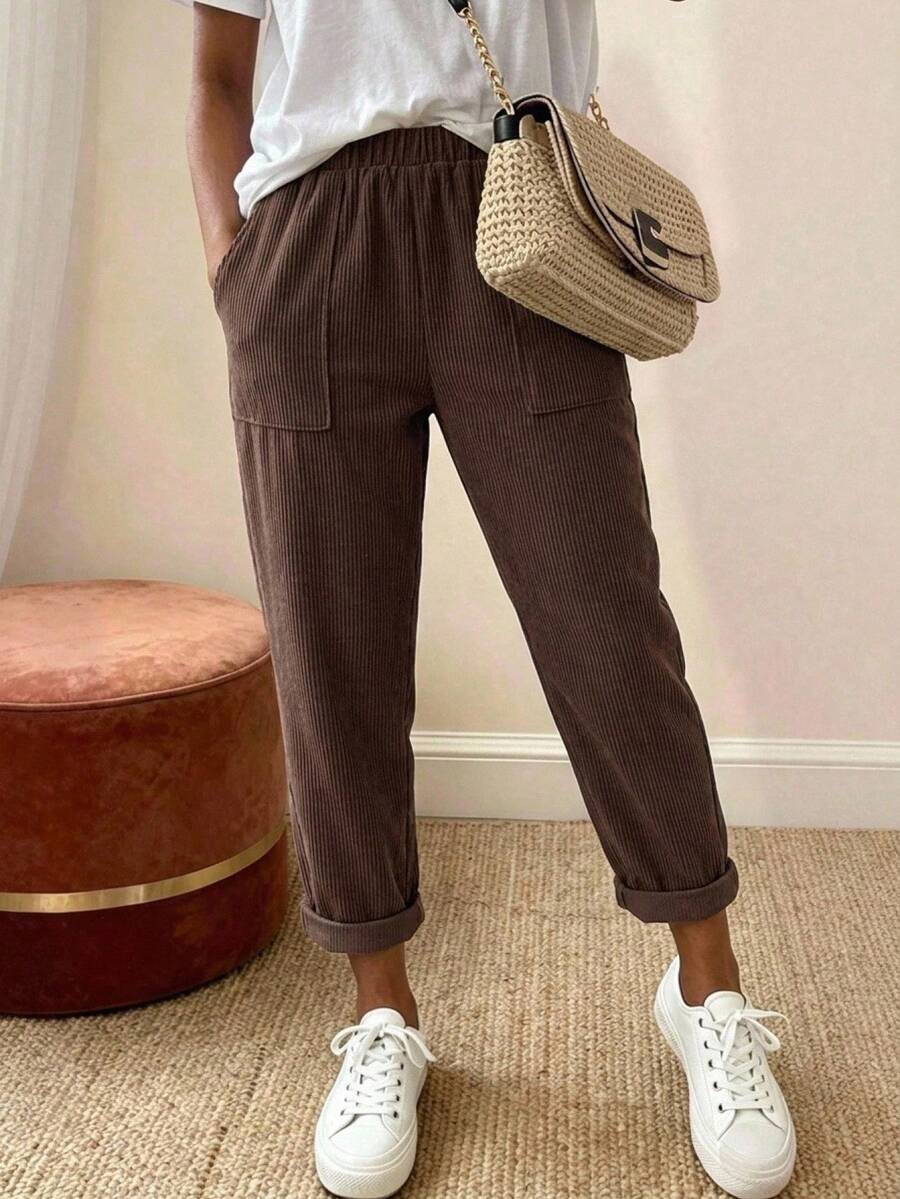 EMERY ROSE Women's Fashion Elastic Waist Pocket Casual Long Pants For Daily Wear Brown Pants - Multicolor - View 1