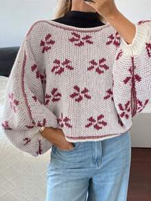 DAZY Women's Floral Jacquard Loose Lantern Sleeve Boat Neck Casual Vacation Spring Autumn Pullover Knit Sweater - Pink - View 3