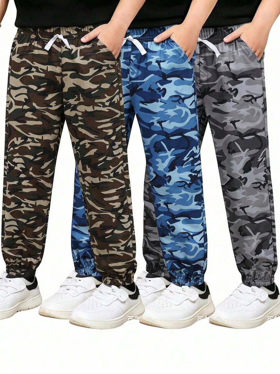 3件組小男孩休閒迷彩印花抽繩腰長褲,時尚秋季/冬季返校秋裝假期服飾 - 彩色 - 查看 1