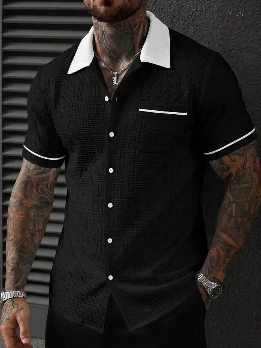 SLATEMANN Men's Casual Pocket Single-Breasted Short Sleeve Contrast Color Shirt - Black - View 1