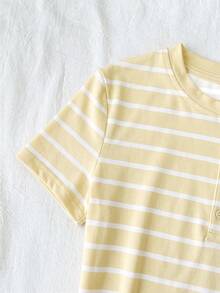 SHEIN Tween Girl Summer Casual Striped Short Sleeve T-Shirt - Yellow - View 6