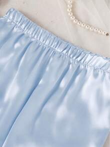 Girls' Solid Color Satin Ruffle Sleeve Long Sleeve Top And Pants With Pockets Embroidery 2-Piece Set, Spring/Autumn - Blue - View 3