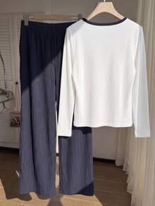 SHEIN EZwear 大尺碼女款馬術印花長袖上衣與長褲休閒日常兩件套 秋季 - 藍白色 - 查看 2