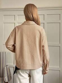DAZY Women's Regular Fit Casual Short Jacket With Collar, Zipper, Striped, Long Sleeve, Loose Fit Fall Everyday Travel Red And White Stripe - Apricot - View 2