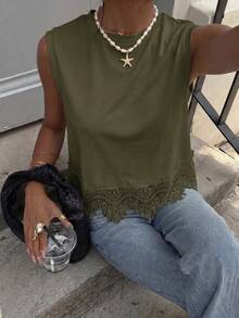 Siren Gaze Women's Spring/Summer Lace Patchwork Round Neck Tank Top - Army Green - View 4