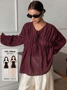 Livesso Petite Blus Wanita Elegan dengan Tali Pengikat dan Detail Kerut untuk Liburan dan Perjalanan Musim Gugur - Burgundy - View 1